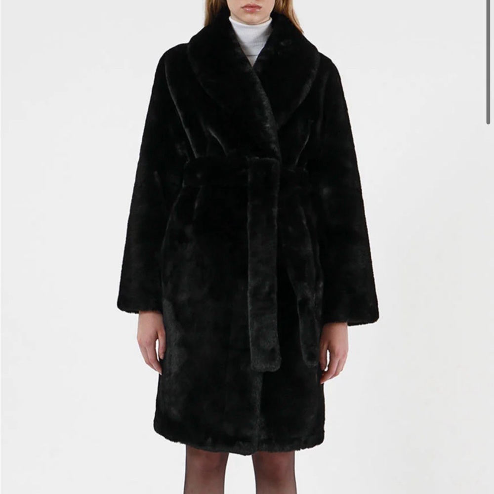 Apparis Black Faux Fur Belted Coat